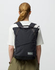 Person wearing a black backpack with a visible fjallraven logo on a plain background