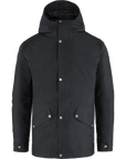 A dark gray men's jacket with a hood and multiple pockets, designed for outdoor use.