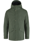 A dark green men's jacket with a hood and multiple pockets, designed for outdoor use.