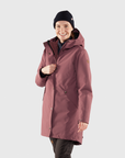 woman in burgundy puffer long jacket