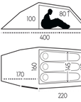 Diagram of a vehicle interior with dimensions and a silhouette of a person.