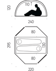 Diagram showing dimensions of a seating area with a person silhouette and measurements.