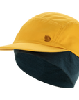 Yellow and navy two-tone cap on a white background