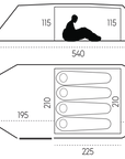 Diagram of a vehicle interior with dimensions labeled