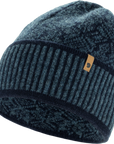 Blue knit beanie with a Fjällräven logo on a white background