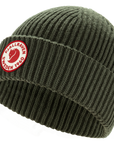 Green knit beanie with a red Fjällräven logo on a white background
