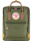 Green backpack with brown straps and a visible brand logo on a white background