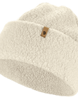 Beige sherpa-lined beanie with a Fjällräven logo on a white background