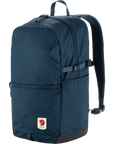 Navy blue backpack with a visible Fjällräven logo on a white background