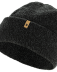 Dark gray knit beanie with a Fjällräven logo on a white background