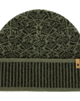 Green patterned beanie with ribbed edge on a white background