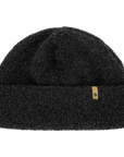 Black fleece beanie with a Fjällräven logo on a white background