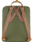 Green backpack with brown straps on a white background
