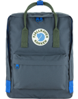 Gray backpack with green straps and blue accents on a white background