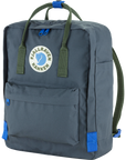 Gray backpack with green straps and blue accents on a white background