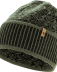 Green knit beanie with a Fjällräven logo on a white background
