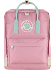 Pink backpack with light blue straps and Fjällräven Kånken logo on a white background