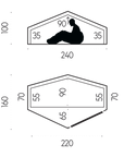Diagram of a hexagonal seat with dimensions labeled