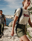 couple wearing t-shirt and shorts on a trekking trip