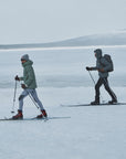 two men skiing wearing padded down winter jacket