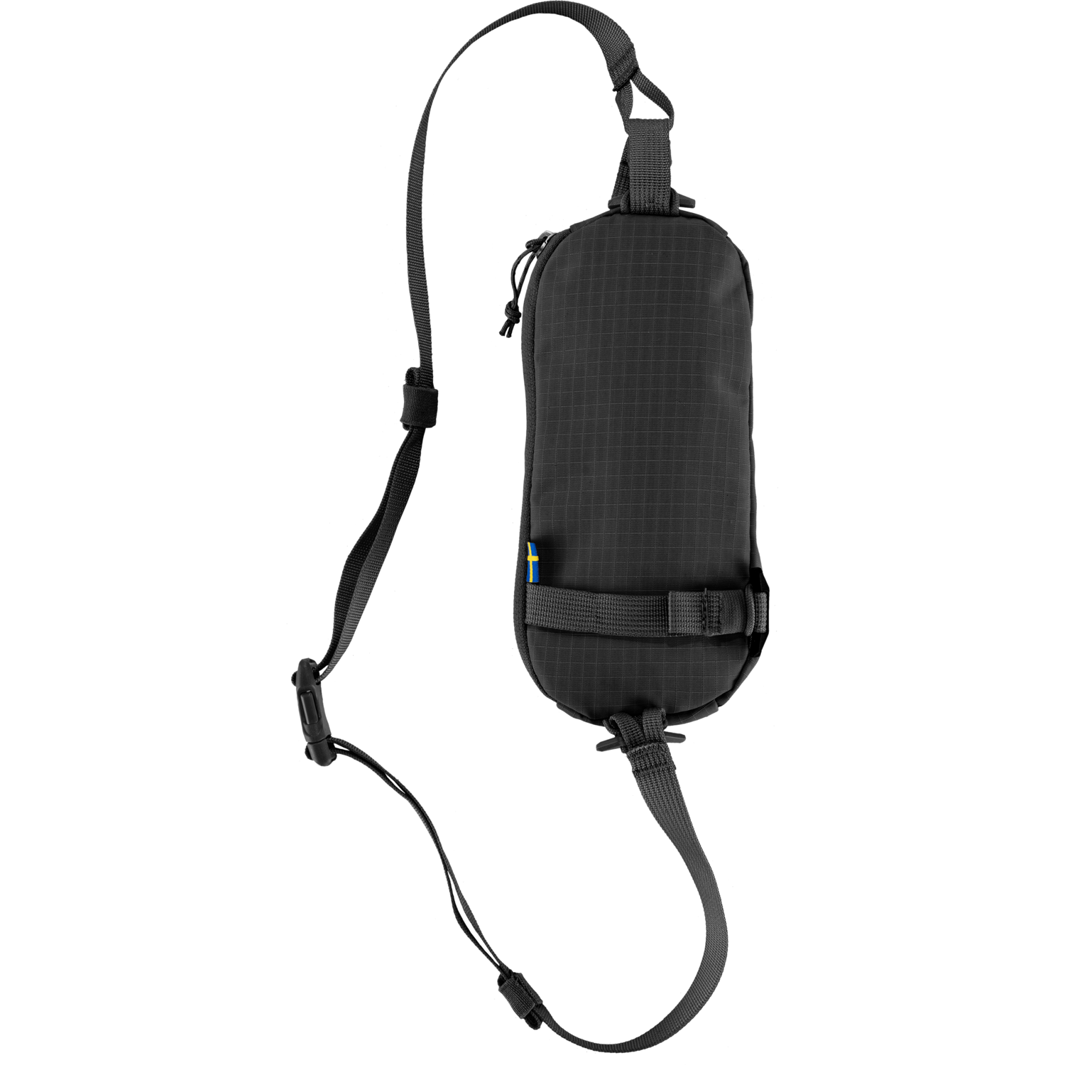 Black sling bag with a strap on a white background