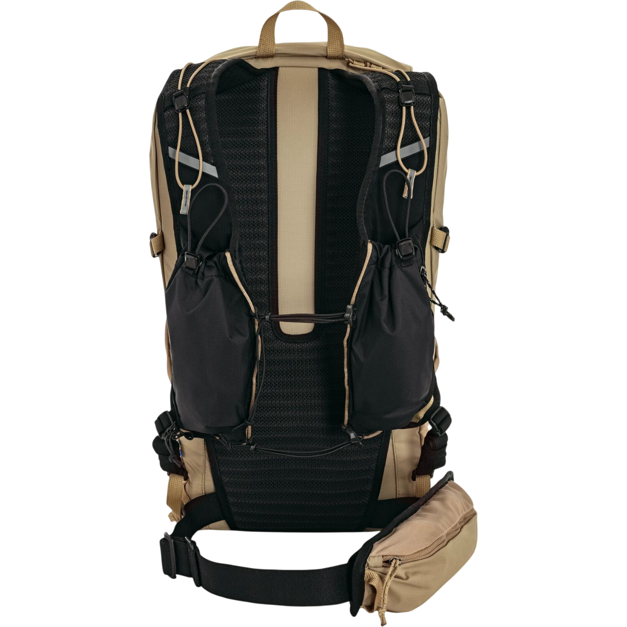 Black and beige backpack with multiple compartments and straps on a white background