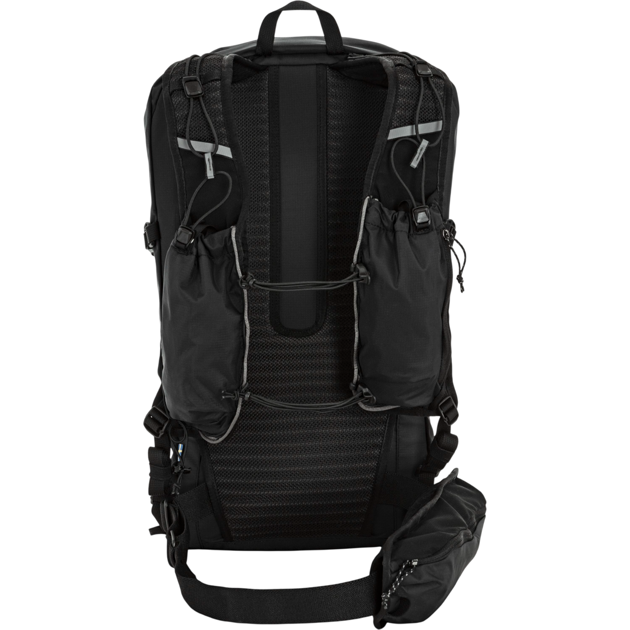 Black backpack with multiple compartments and straps on a white background