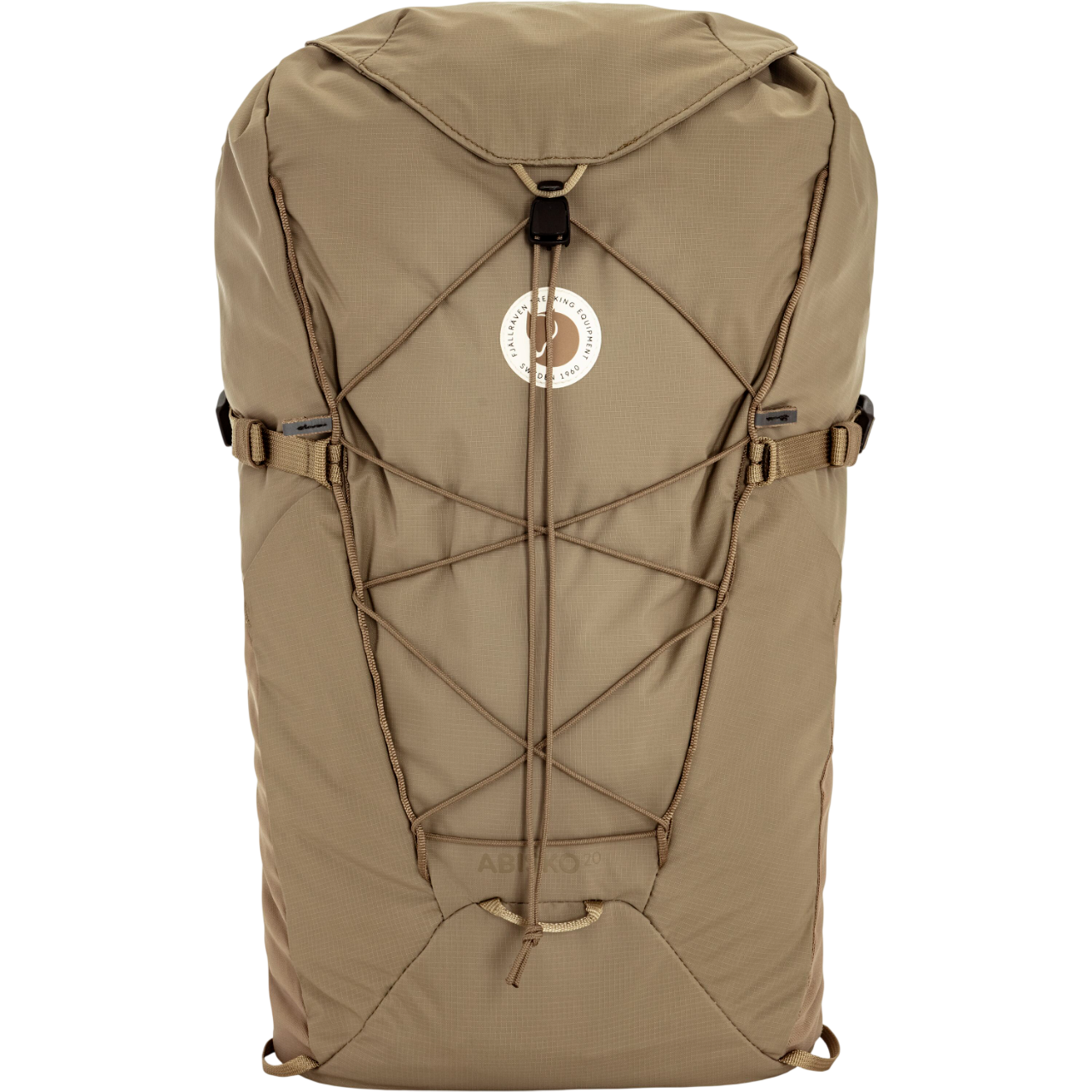 Tan backpack with a Fjällräven logo on a white background