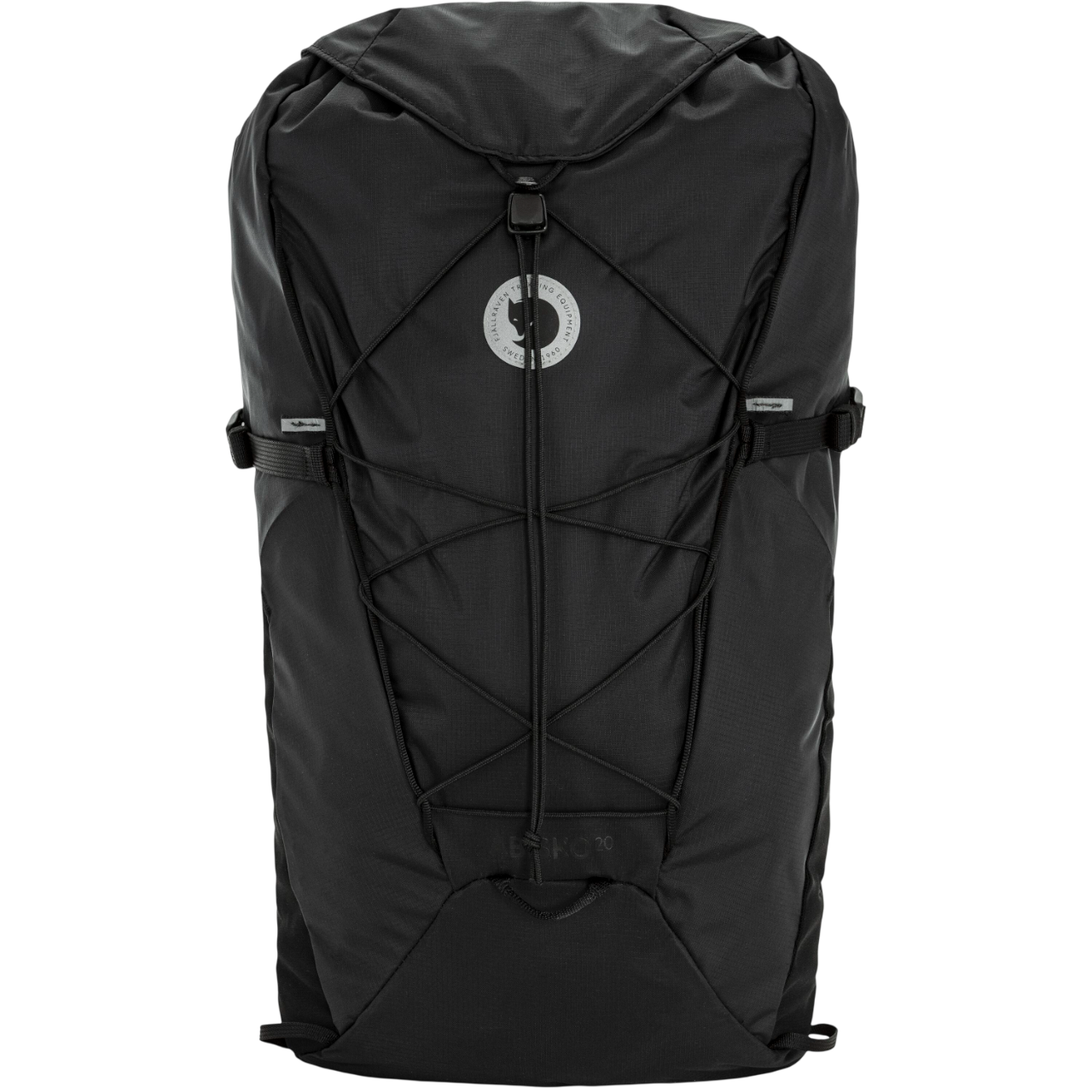 Black backpack with a brand logo on a white background