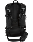 Black backpack with multiple compartments and straps on a white background