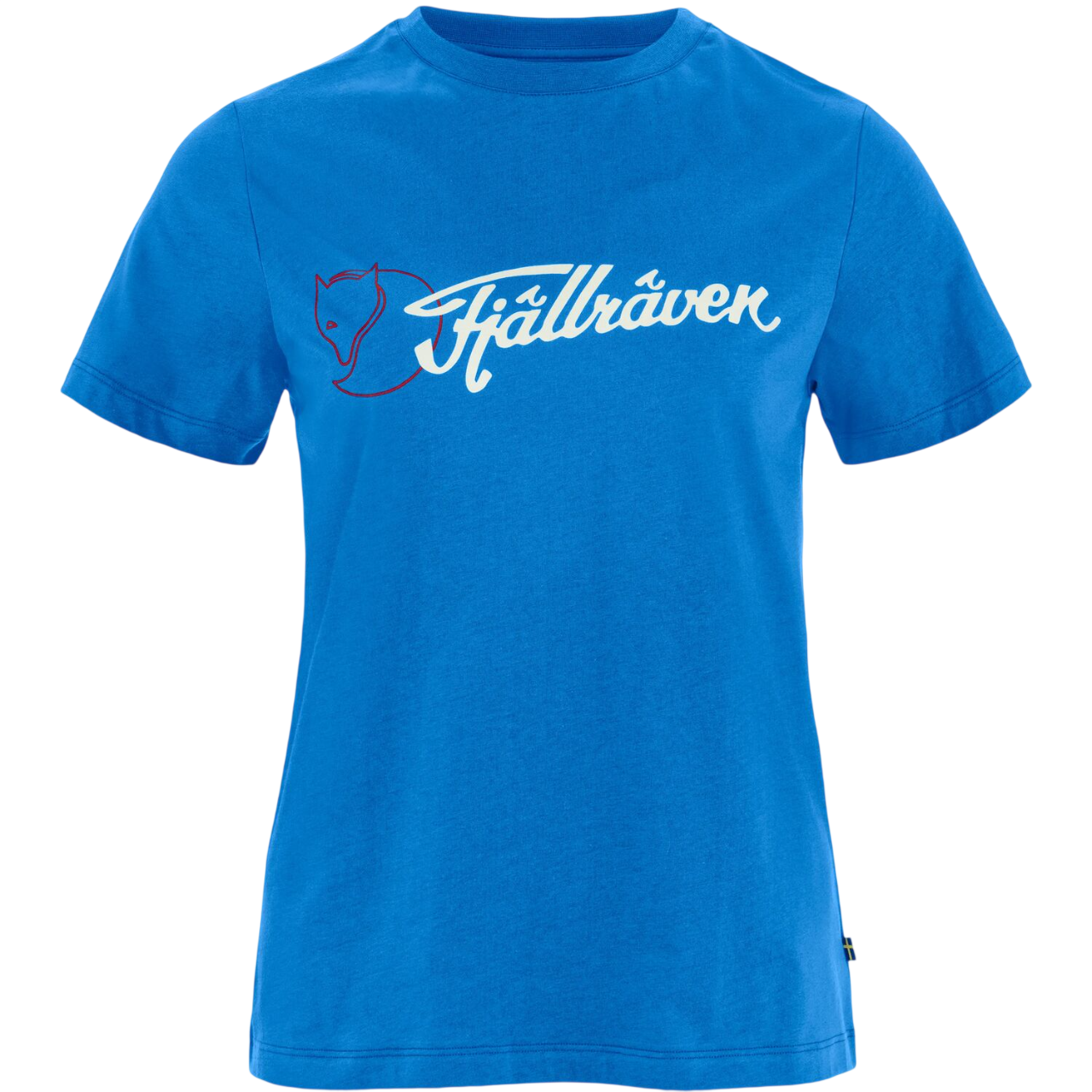 Blue t-shirt with Fjällräven logo on a white background