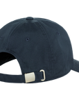 Navy blue cap with a metallic buckle on a white background