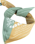 Green and beige bandana with text and patterns on a white background