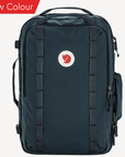 Black backpack with a Fjällräven logo on a white background