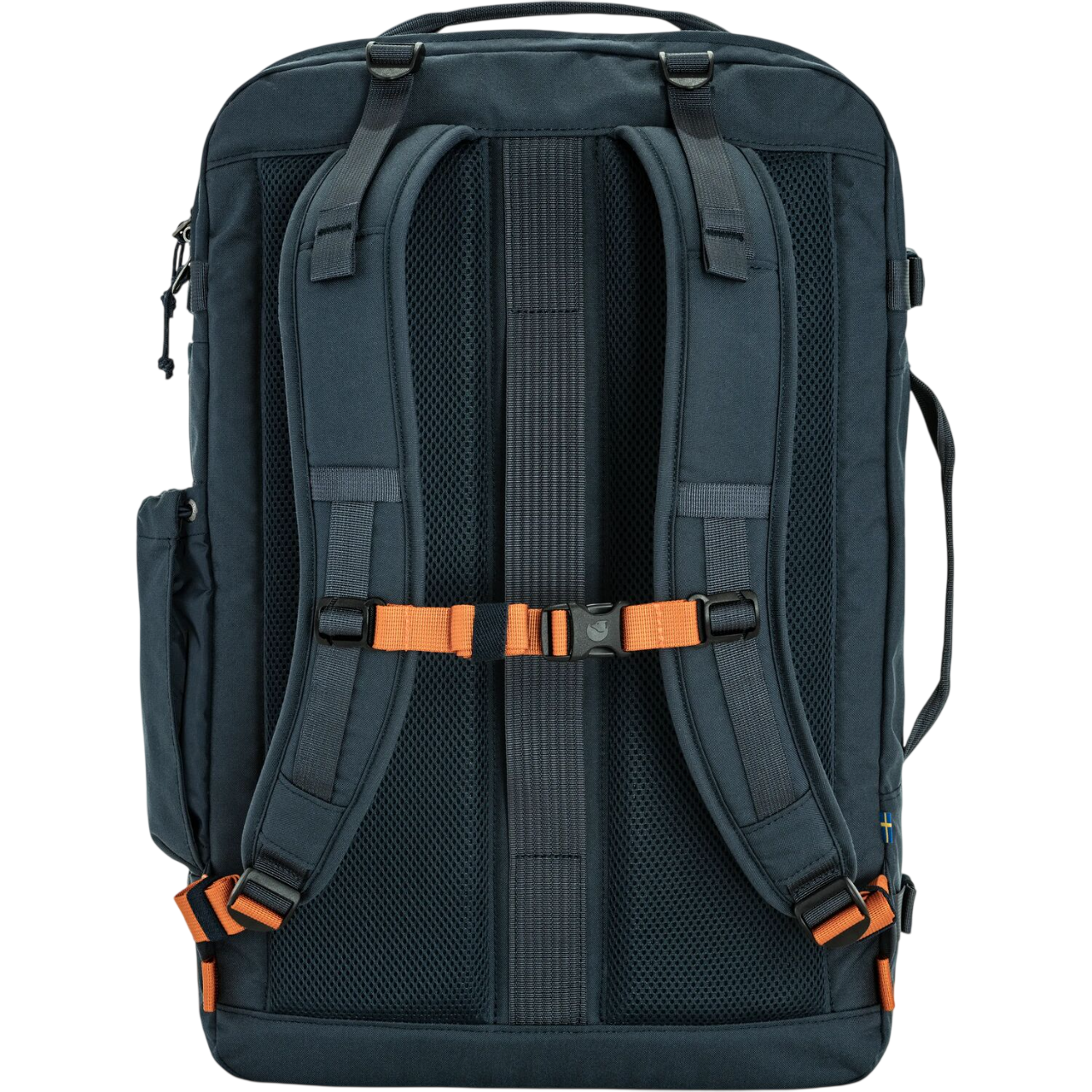 Back view of a dark blue backpack with orange straps on a white background