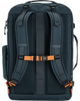 Back view of a dark blue backpack with orange straps on a white background