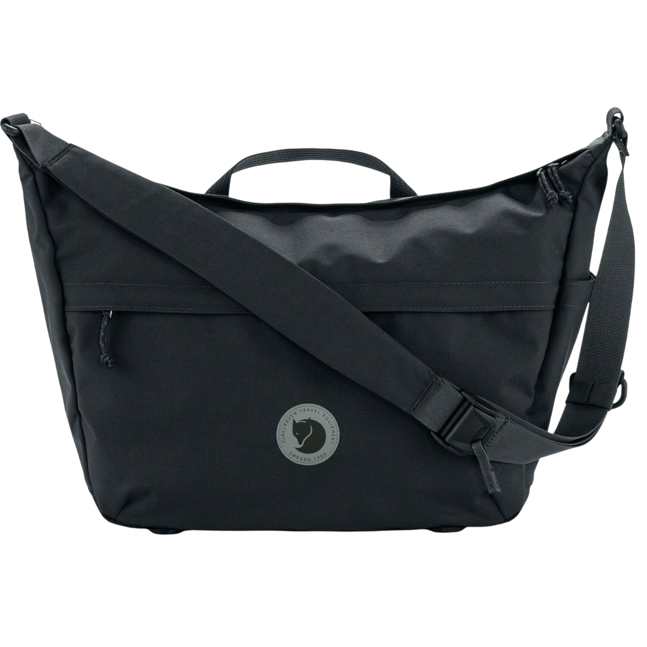 Black shoulder bag with a visible fjallraven logo on a white background