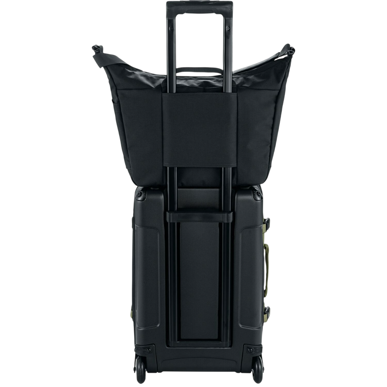 Black suitcase with a backpack attached on a white background