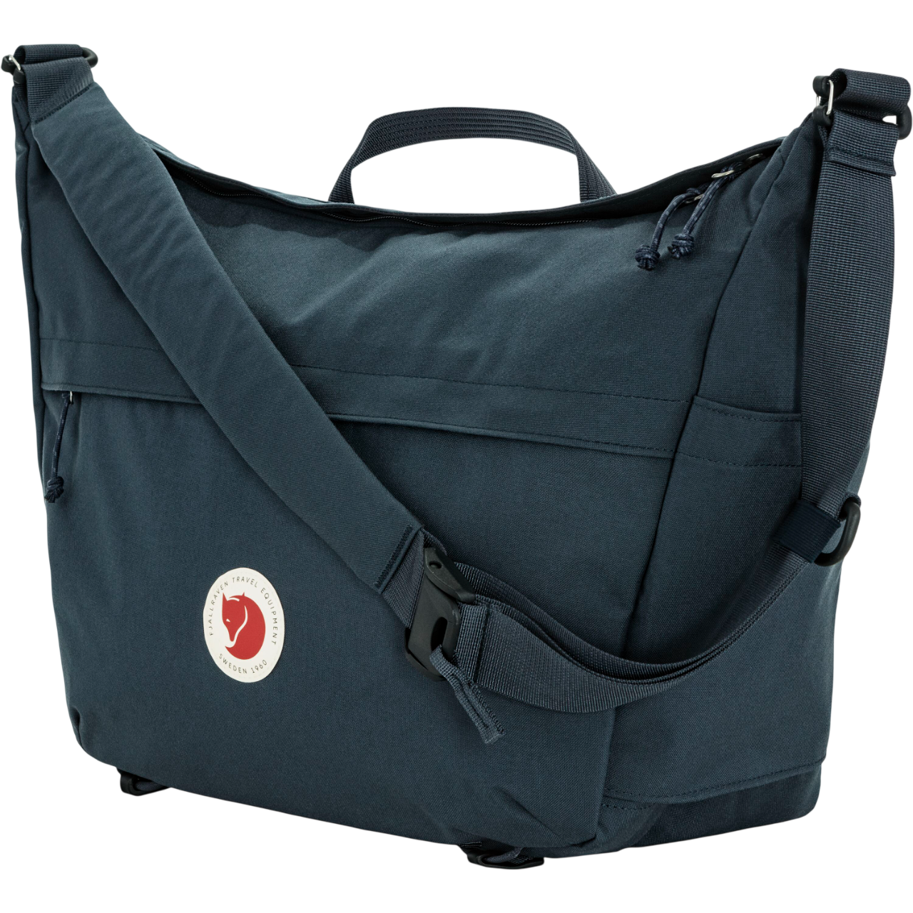 Blue shoulder bag with a visible fjallraven logo on a white background