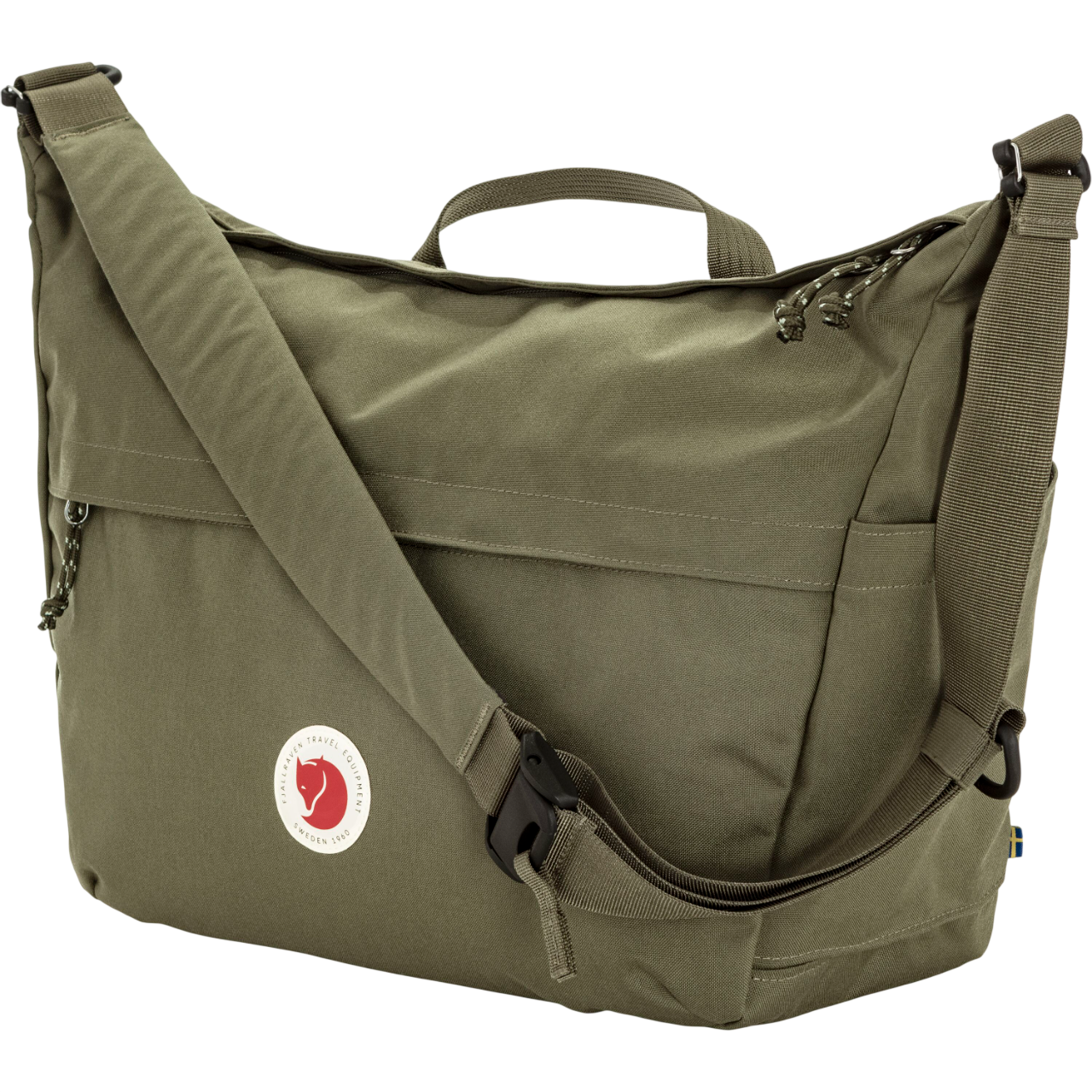 Green shoulder bag with a visible fjallraven logo on a white background