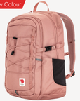 Pink backpack with visible Fjällräven logo on a white background