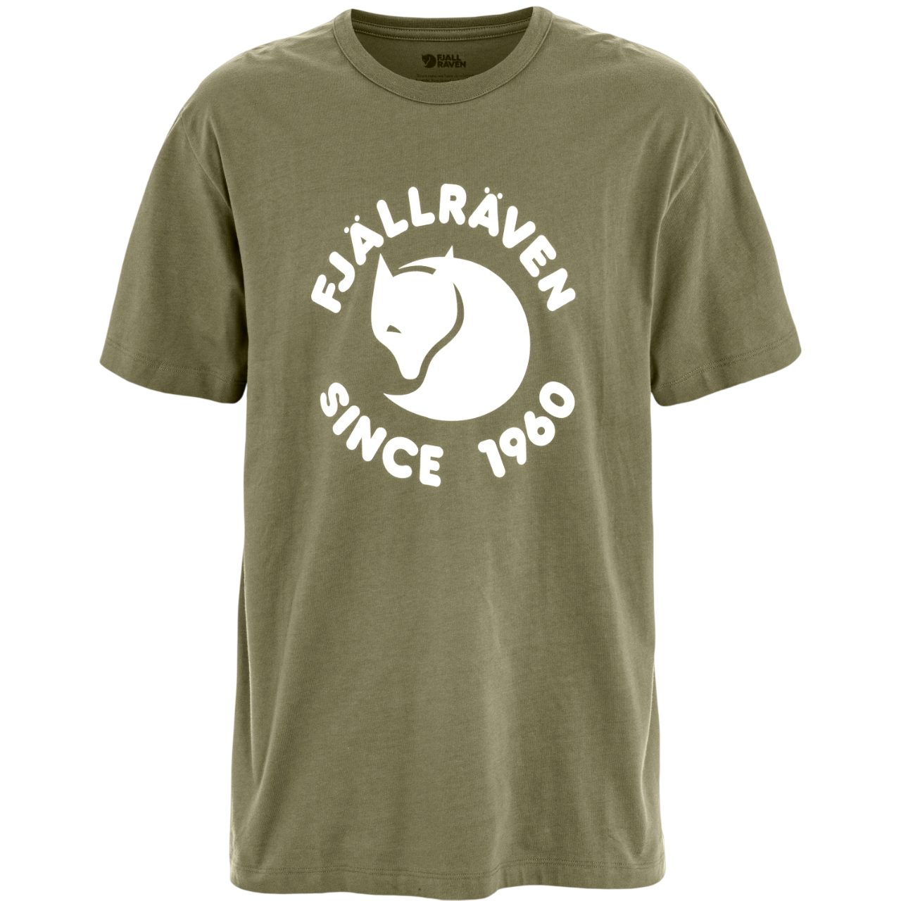 Green t-shirt with Fjällräven logo and text on a white background