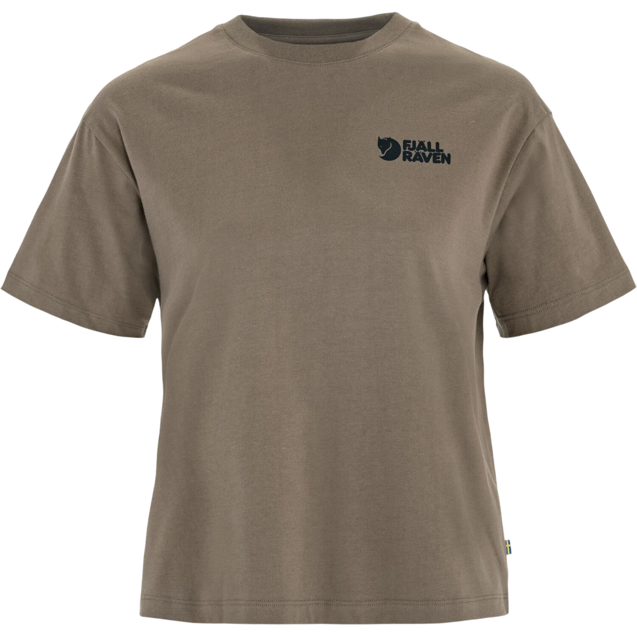 Brown t-shirt with a fjallraven logo on the chest against a white background
