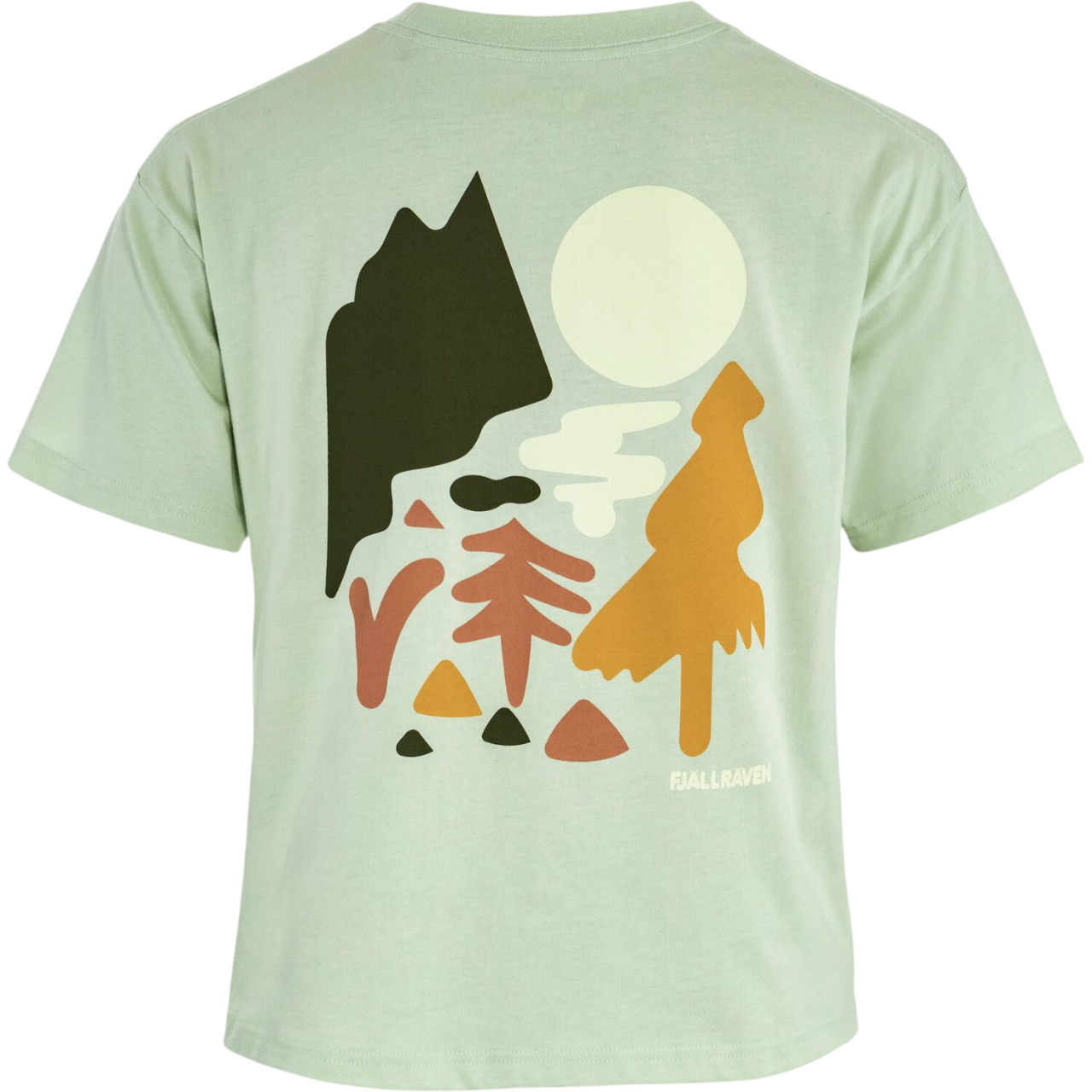 Light green t-shirt with a graphic design of a bear, trees, and moon on the back.