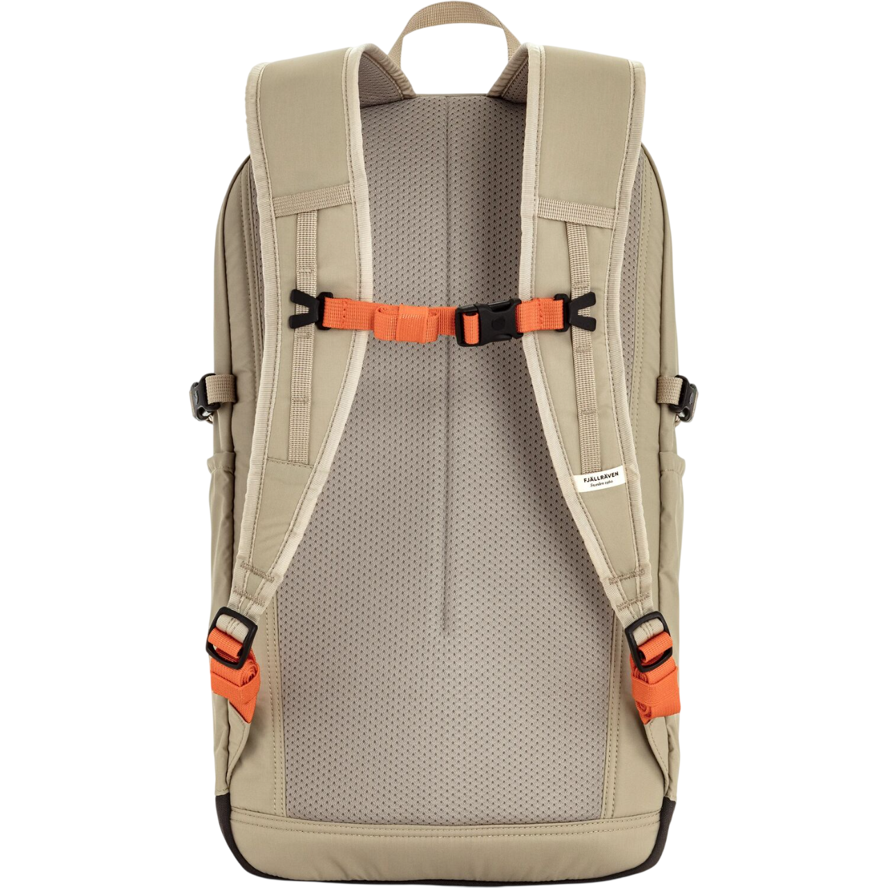 Beige backpack with orange straps on a white background