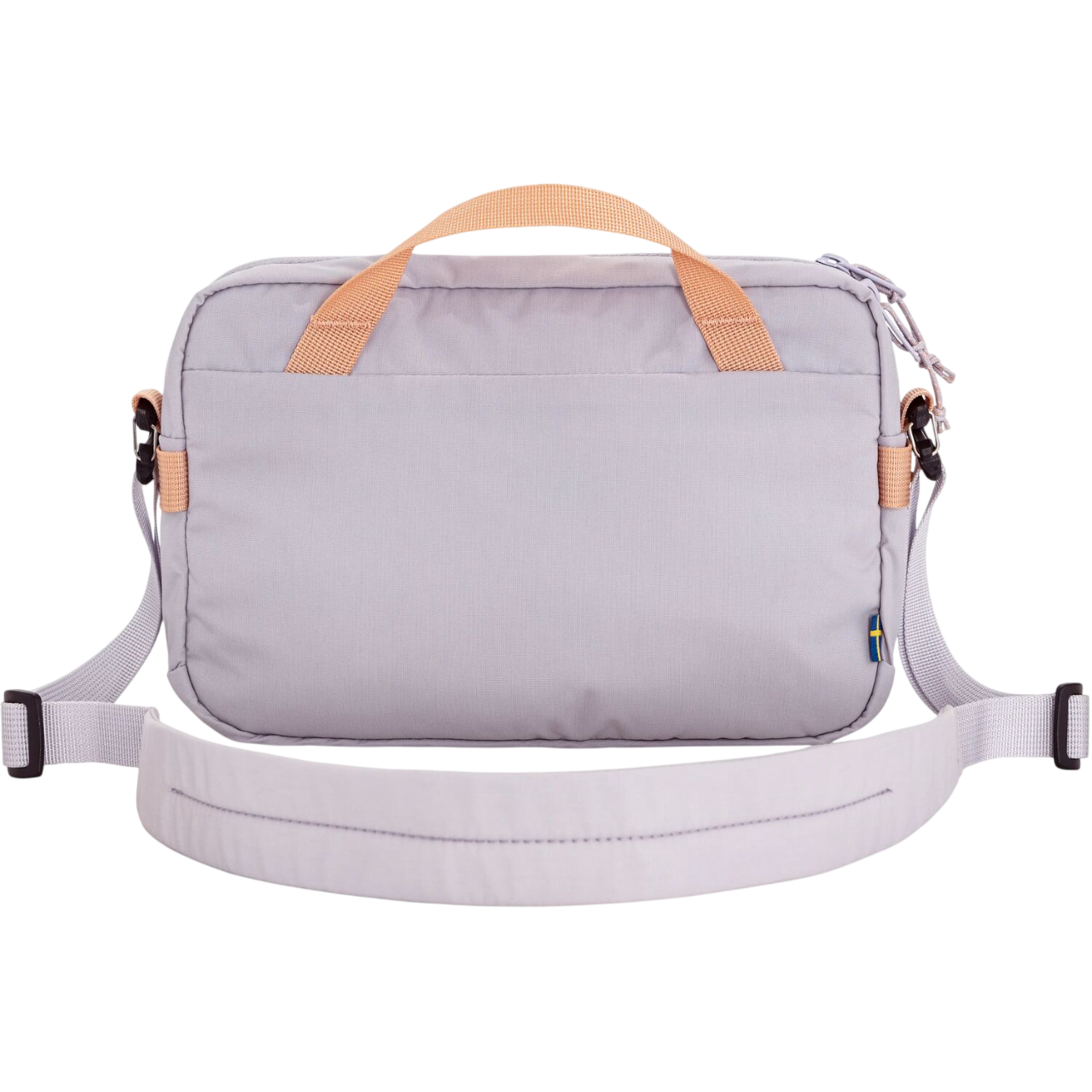 Light purple crossbody bag with tan straps on a white background