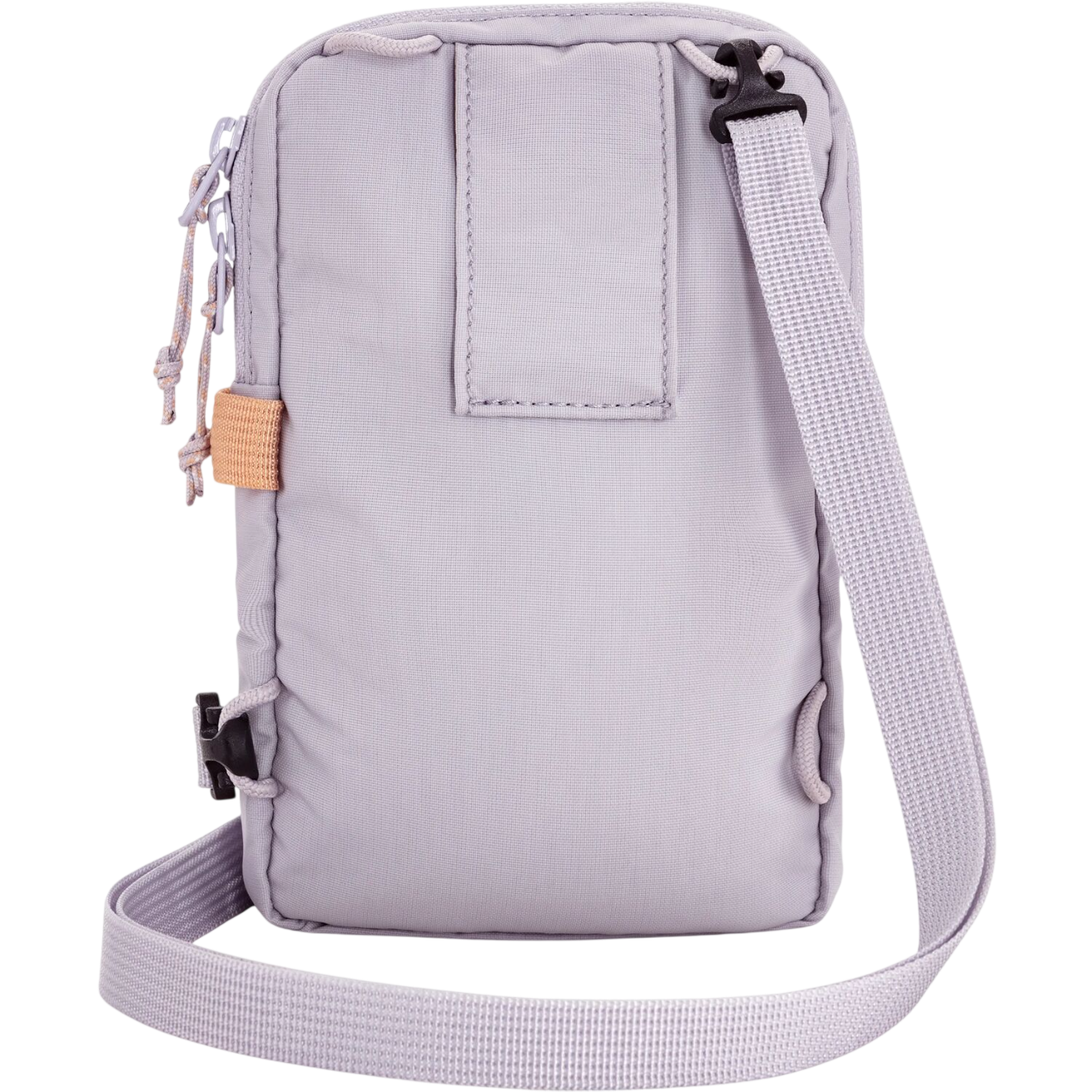 Light gray crossbody bag with a strap on a white background