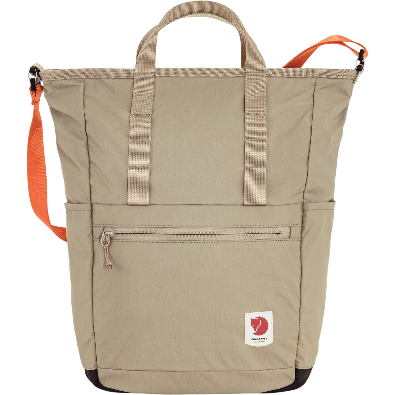 Beige backpack with orange straps on a white background