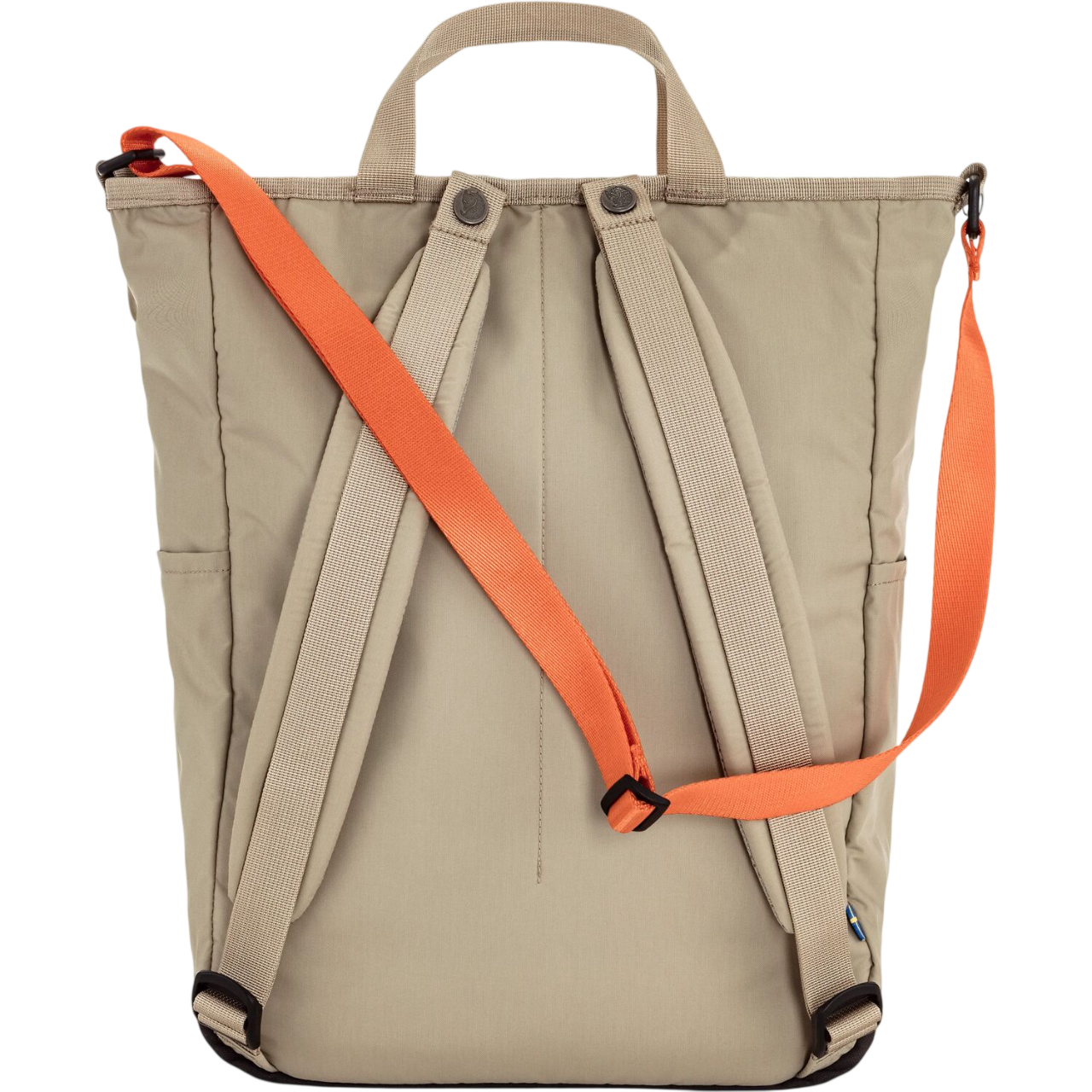 Beige backpack with orange straps on a white background