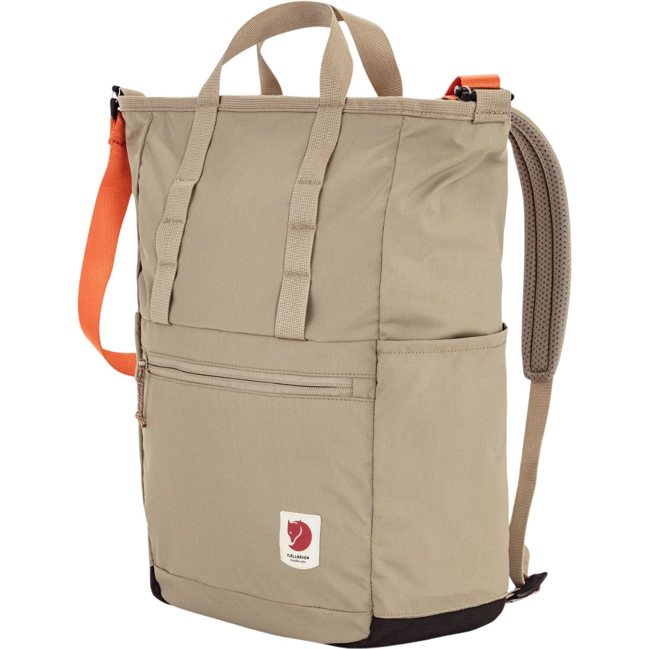 Beige fjallraven backpack with orange accents on a white background